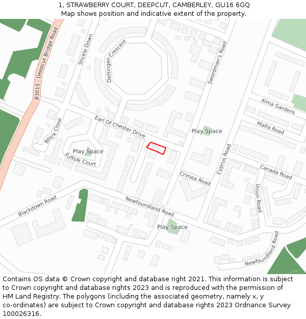 1, STRAWBERRY COURT, DEEPCUT, CAMBERLEY, GU16 6GQ: Location map and indicative extent of plot