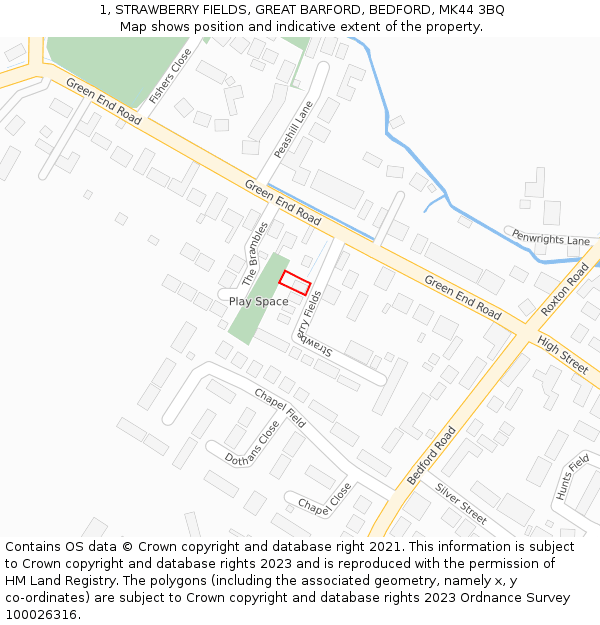 1, STRAWBERRY FIELDS, GREAT BARFORD, BEDFORD, MK44 3BQ: Location map and indicative extent of plot