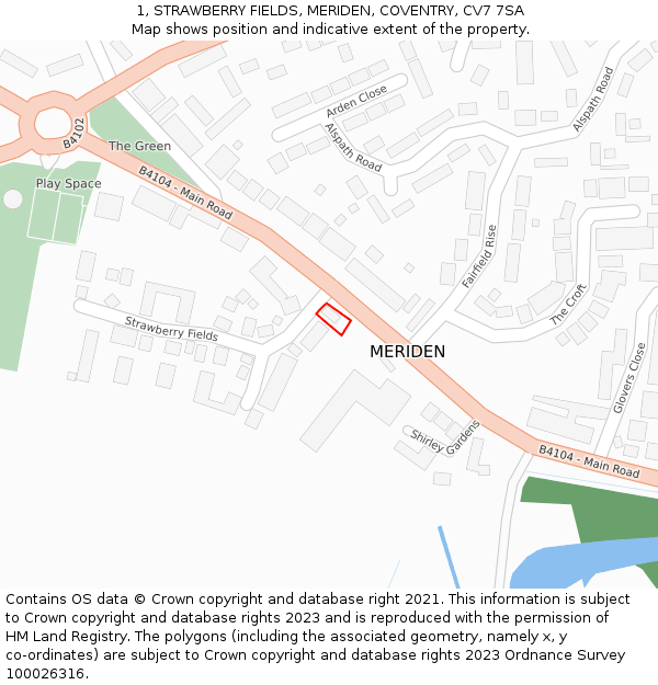 1, STRAWBERRY FIELDS, MERIDEN, COVENTRY, CV7 7SA: Location map and indicative extent of plot