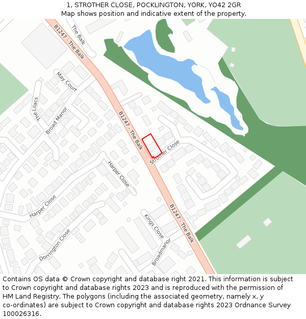 1, STROTHER CLOSE, POCKLINGTON, YORK, YO42 2GR: Location map and indicative extent of plot