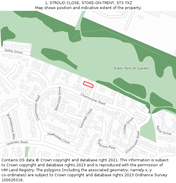 1, STROUD CLOSE, STOKE-ON-TRENT, ST3 7XZ: Location map and indicative extent of plot