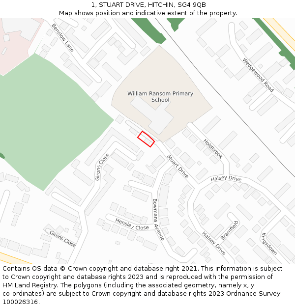 1, STUART DRIVE, HITCHIN, SG4 9QB: Location map and indicative extent of plot