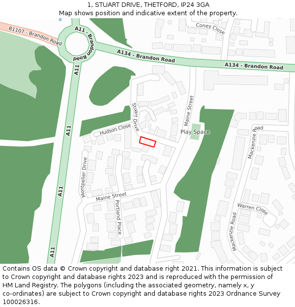 1, STUART DRIVE, THETFORD, IP24 3GA: Location map and indicative extent of plot