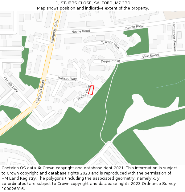 1, STUBBS CLOSE, SALFORD, M7 3BD: Location map and indicative extent of plot