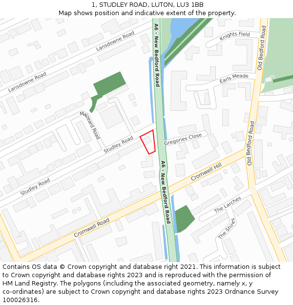 1, STUDLEY ROAD, LUTON, LU3 1BB: Location map and indicative extent of plot