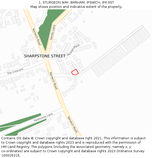1, STURGEON WAY, BARHAM, IPSWICH, IP6 0ST: Location map and indicative extent of plot