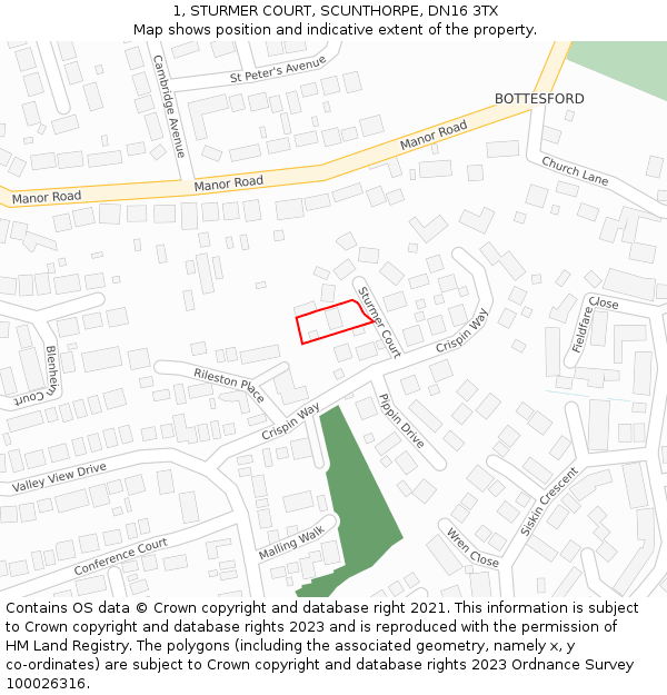 1, STURMER COURT, SCUNTHORPE, DN16 3TX: Location map and indicative extent of plot