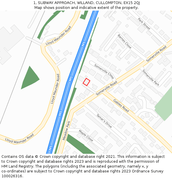1, SUBWAY APPROACH, WILLAND, CULLOMPTON, EX15 2QJ: Location map and indicative extent of plot