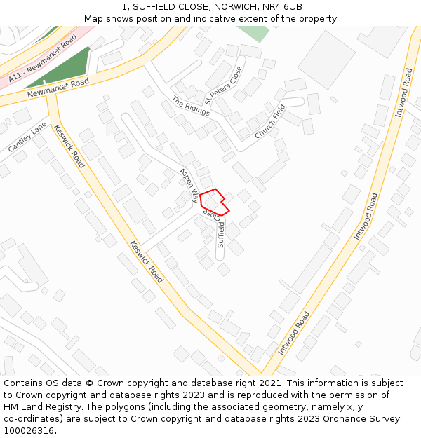 1, SUFFIELD CLOSE, NORWICH, NR4 6UB: Location map and indicative extent of plot