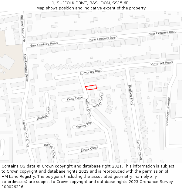 1, SUFFOLK DRIVE, BASILDON, SS15 6PL: Location map and indicative extent of plot