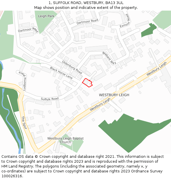 1, SUFFOLK ROAD, WESTBURY, BA13 3UL: Location map and indicative extent of plot