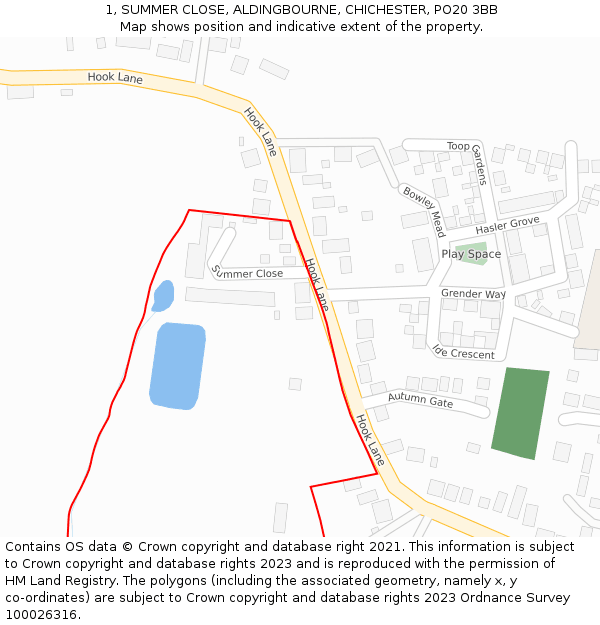 1, SUMMER CLOSE, ALDINGBOURNE, CHICHESTER, PO20 3BB: Location map and indicative extent of plot