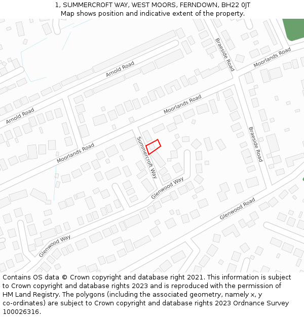 1, SUMMERCROFT WAY, WEST MOORS, FERNDOWN, BH22 0JT: Location map and indicative extent of plot