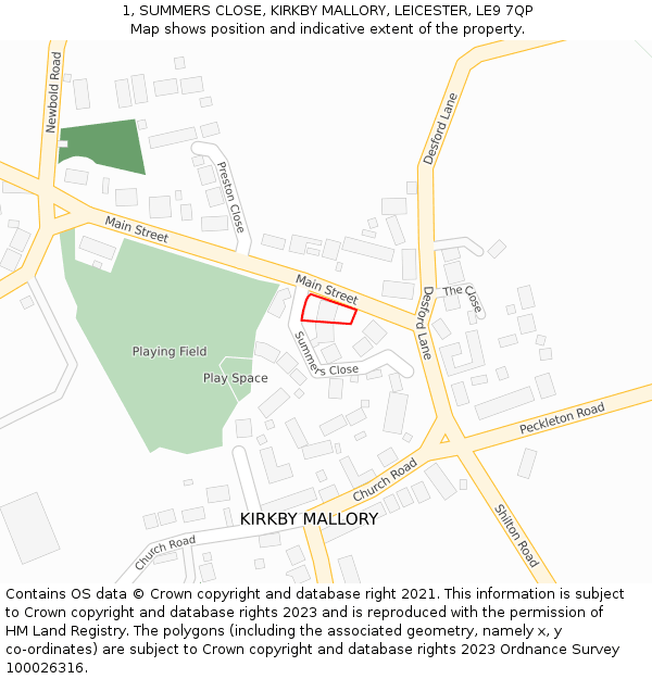 1, SUMMERS CLOSE, KIRKBY MALLORY, LEICESTER, LE9 7QP: Location map and indicative extent of plot