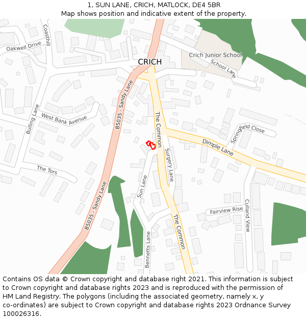 1, SUN LANE, CRICH, MATLOCK, DE4 5BR: Location map and indicative extent of plot