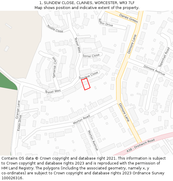 1, SUNDEW CLOSE, CLAINES, WORCESTER, WR3 7LF: Location map and indicative extent of plot