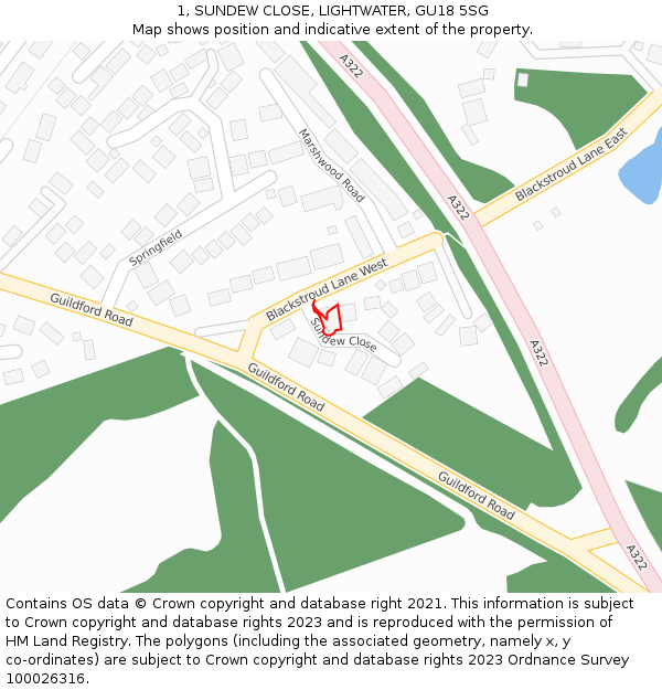 1, SUNDEW CLOSE, LIGHTWATER, GU18 5SG: Location map and indicative extent of plot