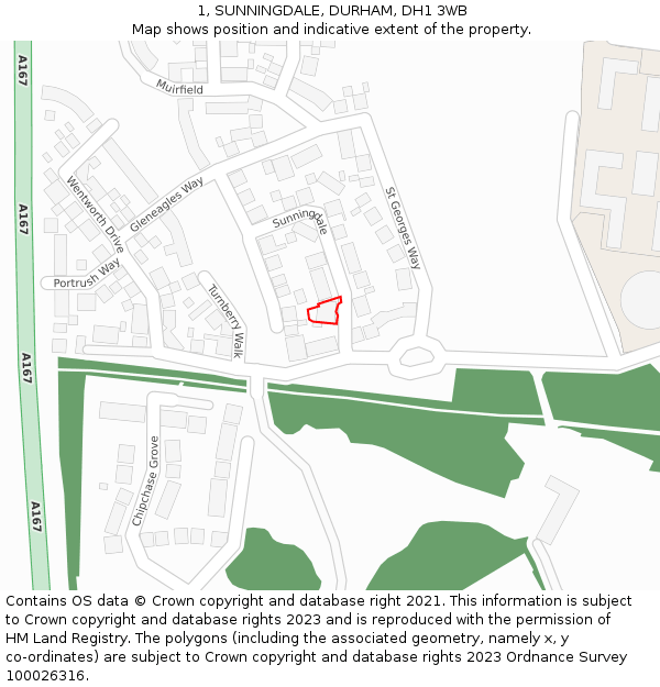 1, SUNNINGDALE, DURHAM, DH1 3WB: Location map and indicative extent of plot