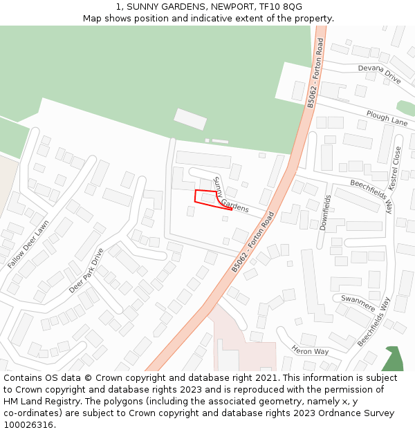 1, SUNNY GARDENS, NEWPORT, TF10 8QG: Location map and indicative extent of plot