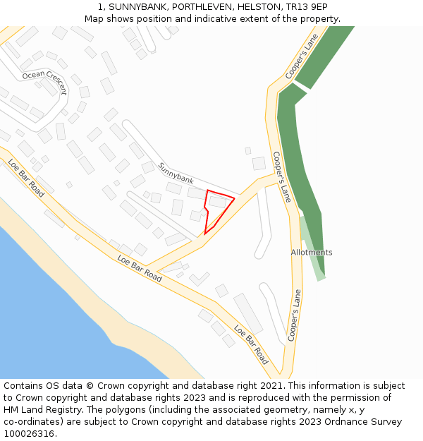 1, SUNNYBANK, PORTHLEVEN, HELSTON, TR13 9EP: Location map and indicative extent of plot