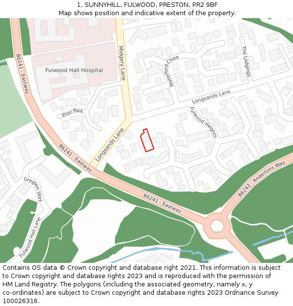 1, SUNNYHILL, FULWOOD, PRESTON, PR2 9BF: Location map and indicative extent of plot