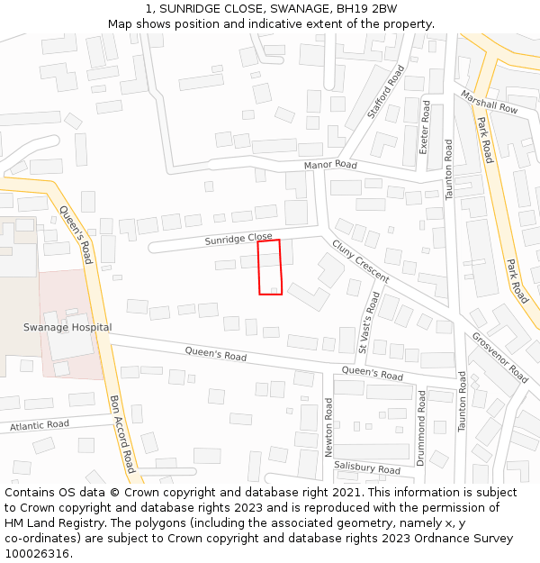 1, SUNRIDGE CLOSE, SWANAGE, BH19 2BW: Location map and indicative extent of plot