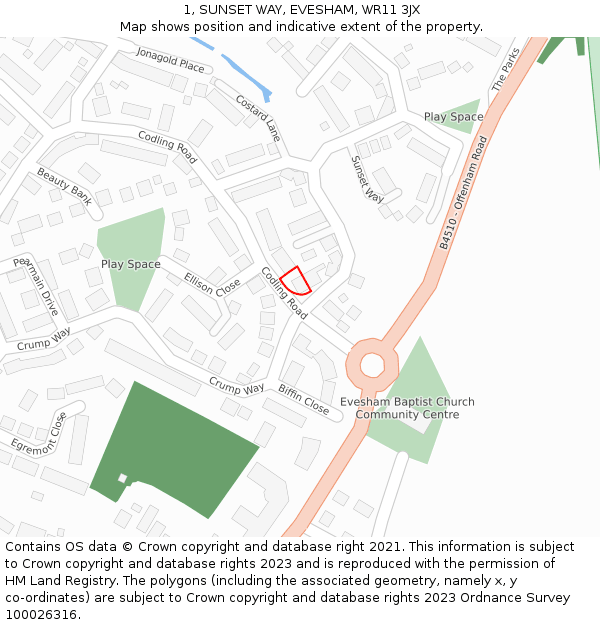 1, SUNSET WAY, EVESHAM, WR11 3JX: Location map and indicative extent of plot