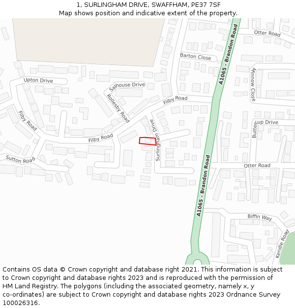 1, SURLINGHAM DRIVE, SWAFFHAM, PE37 7SF: Location map and indicative extent of plot