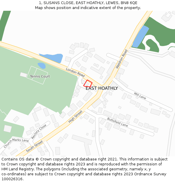 1, SUSANS CLOSE, EAST HOATHLY, LEWES, BN8 6QE: Location map and indicative extent of plot