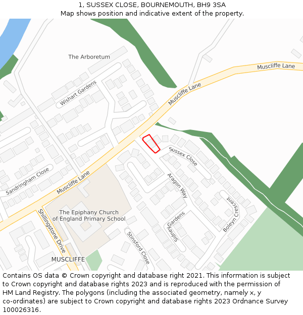 1, SUSSEX CLOSE, BOURNEMOUTH, BH9 3SA: Location map and indicative extent of plot