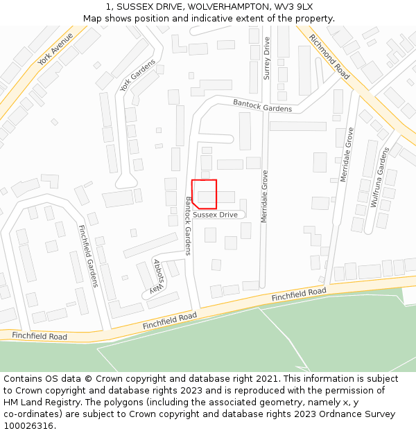 1, SUSSEX DRIVE, WOLVERHAMPTON, WV3 9LX: Location map and indicative extent of plot
