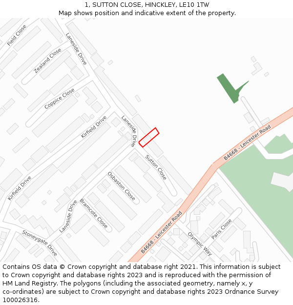 1, SUTTON CLOSE, HINCKLEY, LE10 1TW: Location map and indicative extent of plot