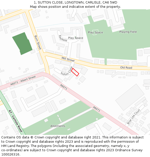 1, SUTTON CLOSE, LONGTOWN, CARLISLE, CA6 5WD: Location map and indicative extent of plot
