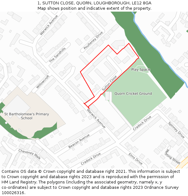 1, SUTTON CLOSE, QUORN, LOUGHBOROUGH, LE12 8GA: Location map and indicative extent of plot