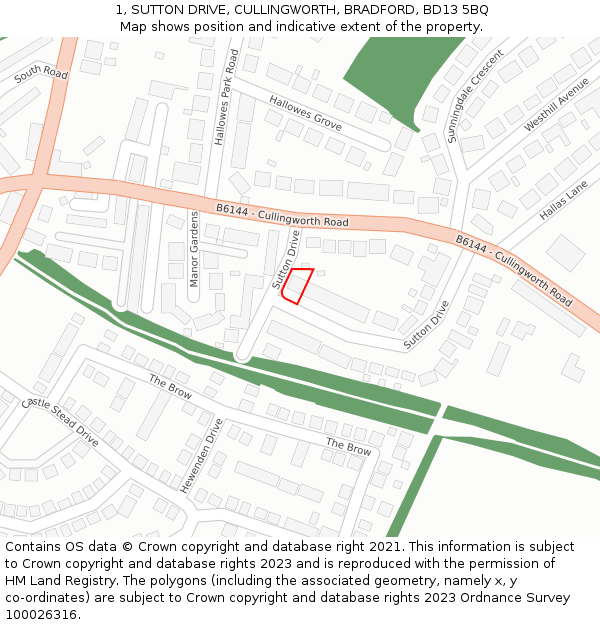 1, SUTTON DRIVE, CULLINGWORTH, BRADFORD, BD13 5BQ: Location map and indicative extent of plot