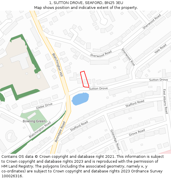 1, SUTTON DROVE, SEAFORD, BN25 3EU: Location map and indicative extent of plot
