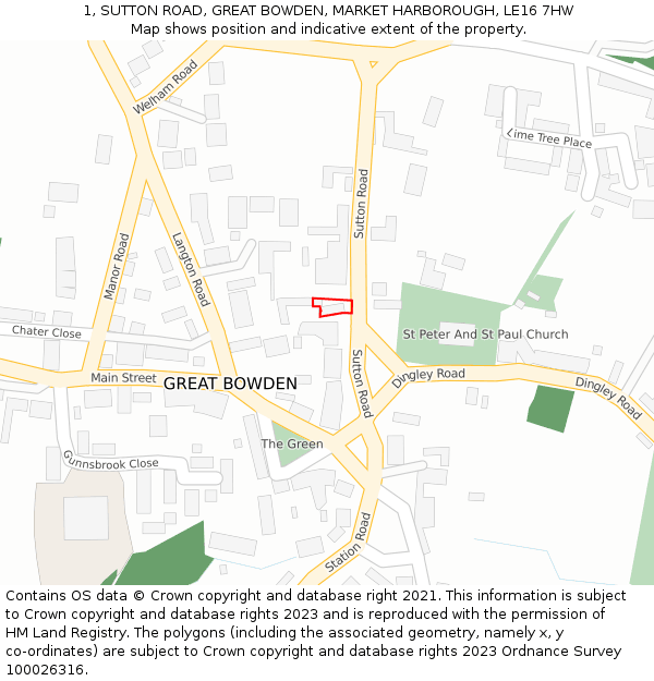 1, SUTTON ROAD, GREAT BOWDEN, MARKET HARBOROUGH, LE16 7HW: Location map and indicative extent of plot