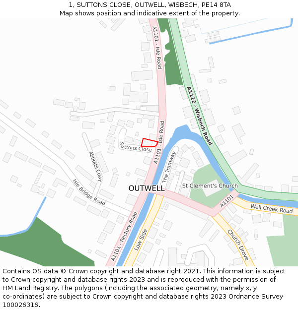1, SUTTONS CLOSE, OUTWELL, WISBECH, PE14 8TA: Location map and indicative extent of plot