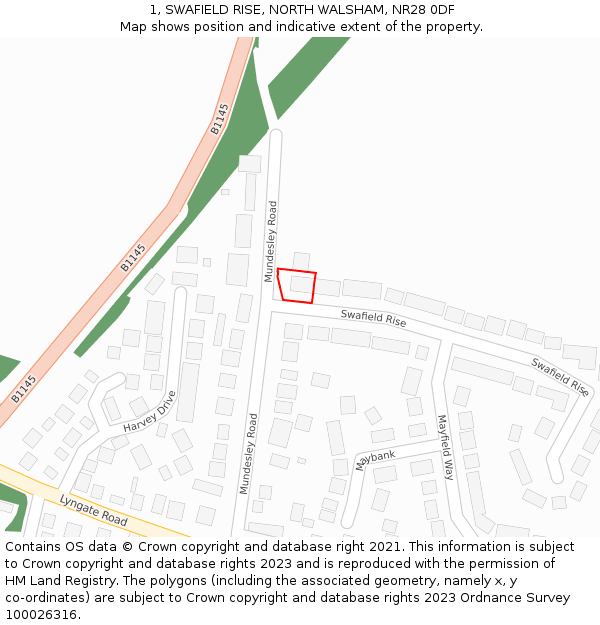 1, SWAFIELD RISE, NORTH WALSHAM, NR28 0DF: Location map and indicative extent of plot