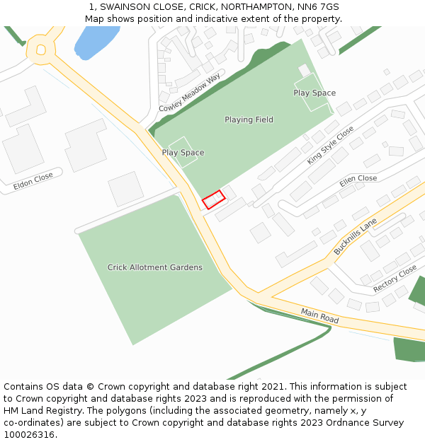 1, SWAINSON CLOSE, CRICK, NORTHAMPTON, NN6 7GS: Location map and indicative extent of plot