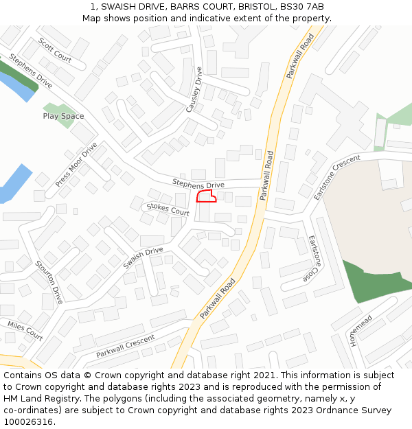 1, SWAISH DRIVE, BARRS COURT, BRISTOL, BS30 7AB: Location map and indicative extent of plot
