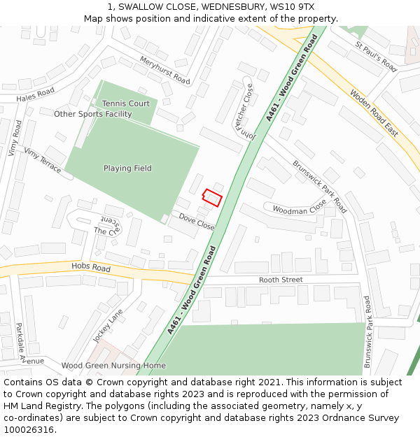 1, SWALLOW CLOSE, WEDNESBURY, WS10 9TX: Location map and indicative extent of plot
