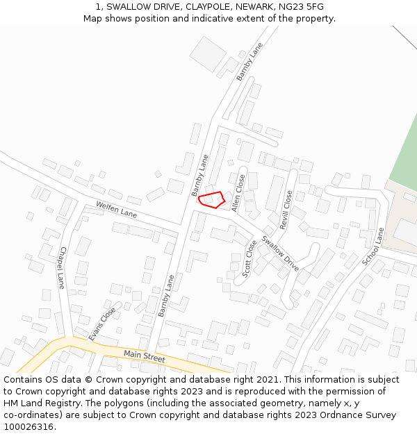 1, SWALLOW DRIVE, CLAYPOLE, NEWARK, NG23 5FG: Location map and indicative extent of plot