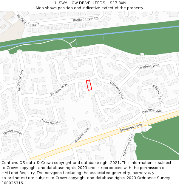 1, SWALLOW DRIVE, LEEDS, LS17 8XN: Location map and indicative extent of plot