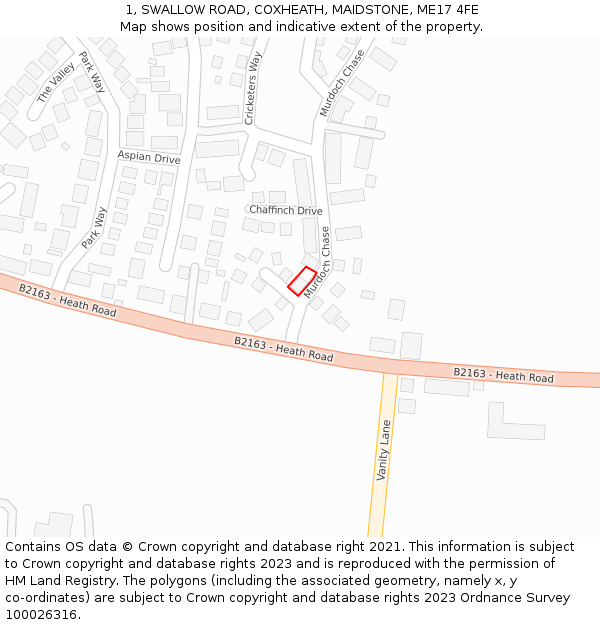 1, SWALLOW ROAD, COXHEATH, MAIDSTONE, ME17 4FE: Location map and indicative extent of plot