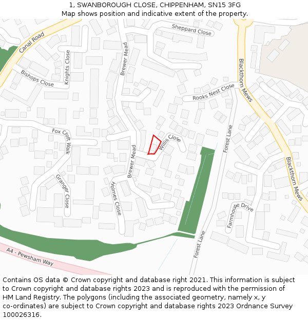 1, SWANBOROUGH CLOSE, CHIPPENHAM, SN15 3FG: Location map and indicative extent of plot