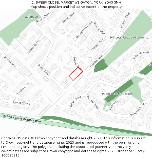 1, SWEEP CLOSE, MARKET WEIGHTON, YORK, YO43 3NH: Location map and indicative extent of plot