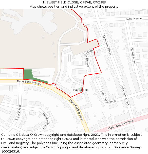 1, SWEET FIELD CLOSE, CREWE, CW2 8EF: Location map and indicative extent of plot