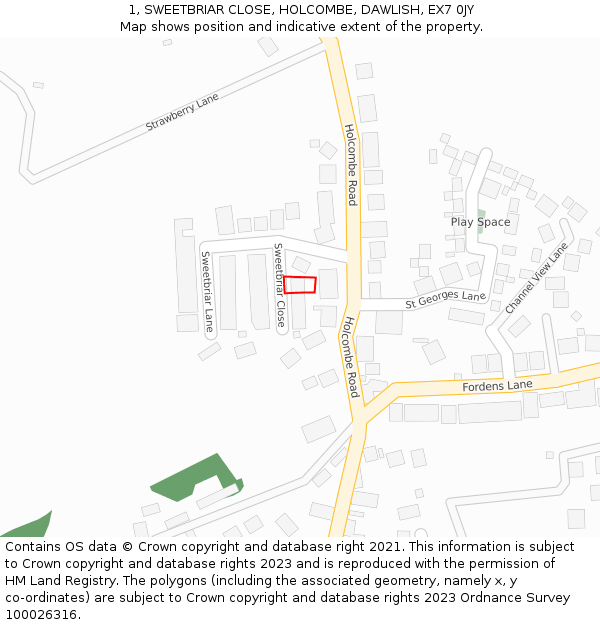 1, SWEETBRIAR CLOSE, HOLCOMBE, DAWLISH, EX7 0JY: Location map and indicative extent of plot