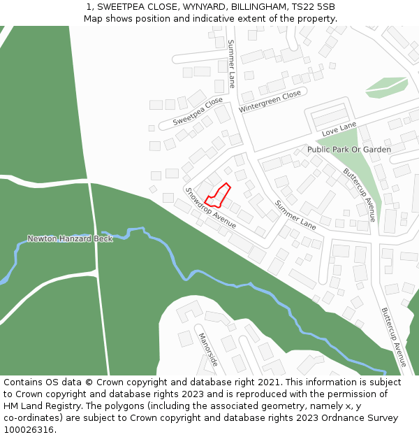 1, SWEETPEA CLOSE, WYNYARD, BILLINGHAM, TS22 5SB: Location map and indicative extent of plot